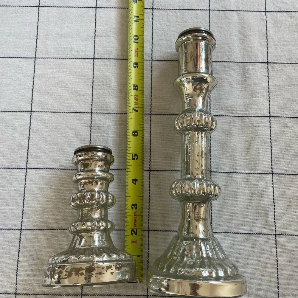 Pottery Barn Antique Silver Mercury Glass Taper Candlestick Holders Set of 3 - Picture 6 of 7